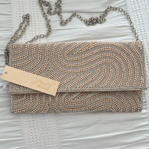 Badgley Mischka Beaded Clutch Evening Bag- Silver &Cream NWT